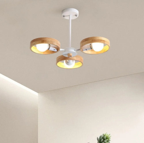 Nordic wooden chandelier lamp for living room, bedroom and dining room, round wood lampshade, black E27 pendant light - vue 5 sur 12