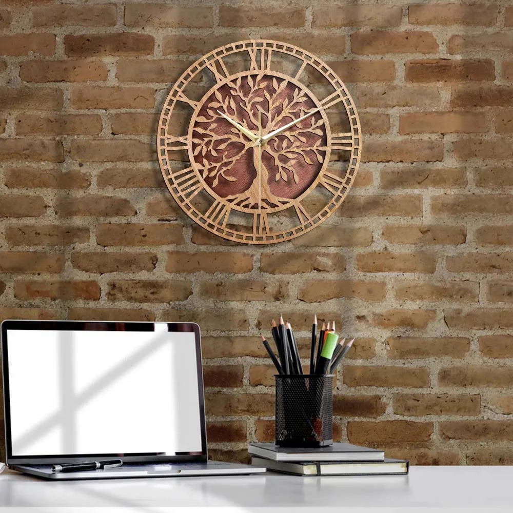 decorative and silent farmhouse style tree of life wooden wall clock - vue 7 sur 7