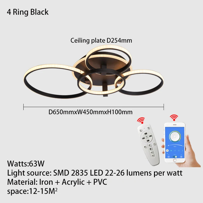 Modern led chandelier with rings, remote/app control, 1–5 rings, black or white - vue 14 sur 16