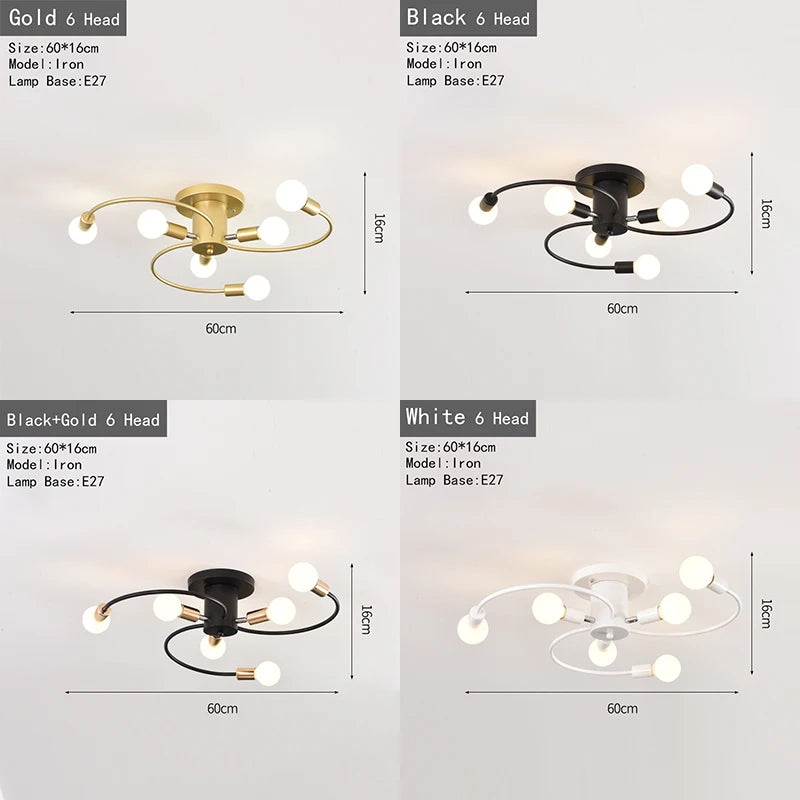 Vintage ceiling light 6 heads black white gold retro iron