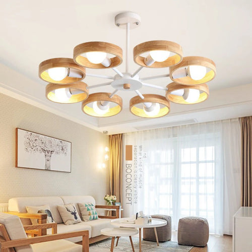 Nordic wooden chandelier lamp for living room, bedroom and dining room, round wood lampshade, black E27 pendant light - vue 4 sur 12