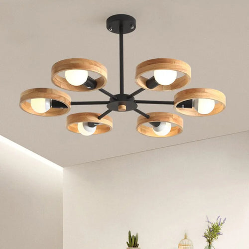Nordic wooden chandelier lamp for living room, bedroom and dining room, round wood lampshade, black E27 pendant light - vue 2 sur 12