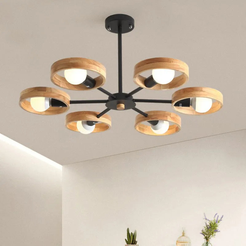 Nordic wooden chandelier lamp for living room, bedroom and dining room, round wood lampshade, black E27 pendant light