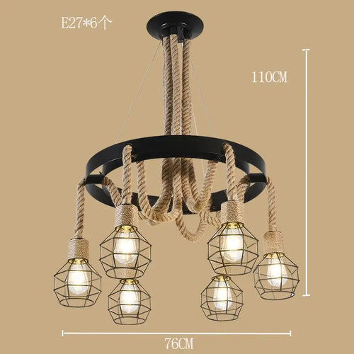 Industrial style ironwork and hemp rope chandelier - vue 13 sur 14