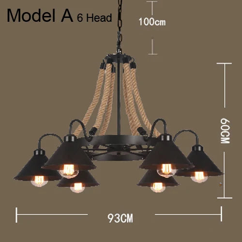 Vintage hemp rope chandelier with iron lampshade for bars and cafés - vue 11 sur 28