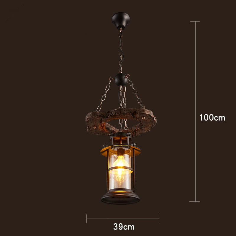lustre vintage loft en bois avec suspension LED - vue 10 sur 28