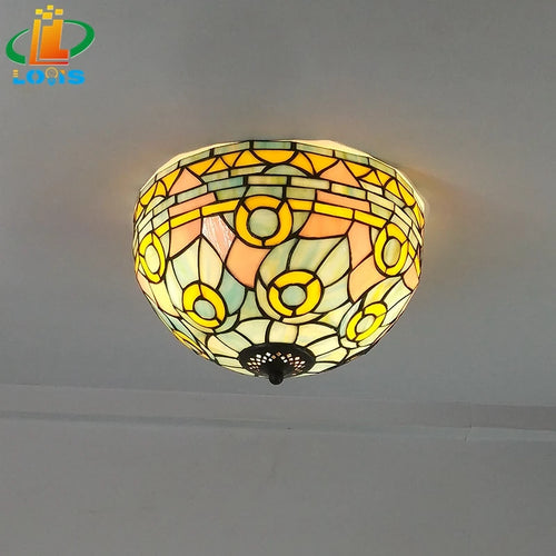 Tiffany Mediterranean art stained glass ceiling light warm and inviting - vue 4 sur 6