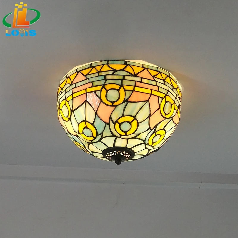 Tiffany Mediterranean art stained glass ceiling light warm and inviting - vue 3 sur 6