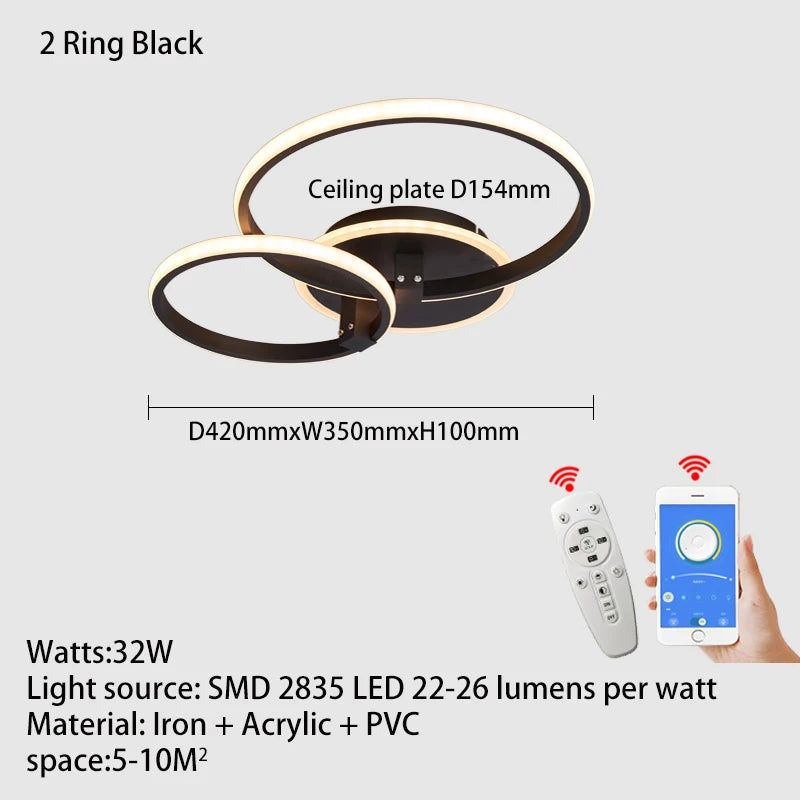 Modern led chandelier with rings, remote/app control, 1–5 rings, black or white - vue 10 sur 16