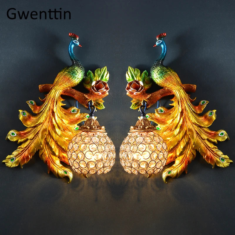 Vintage gold peacock LED crystal wall light decorative