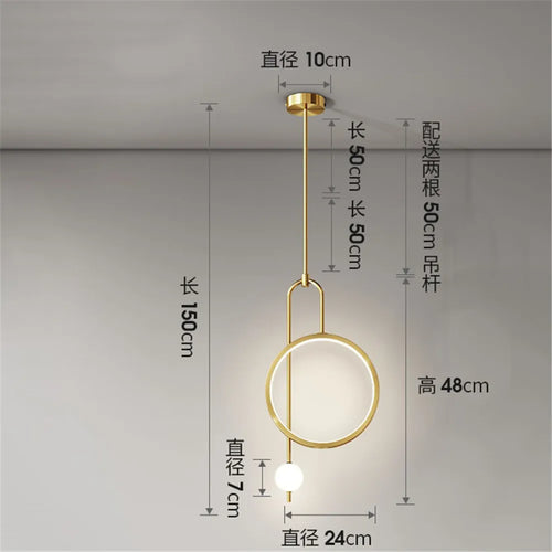 Nordic-style round metal pendant with decorative acrylic ring