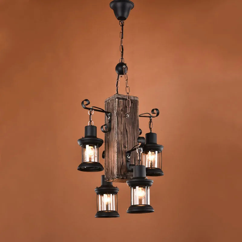 Retro wooden chandelier with 4 lights for hotel, café, restaurant