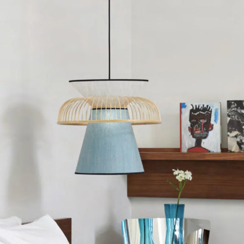 Modern minimalist Japanese fabric bamboo pendant light - vue 3 sur 12