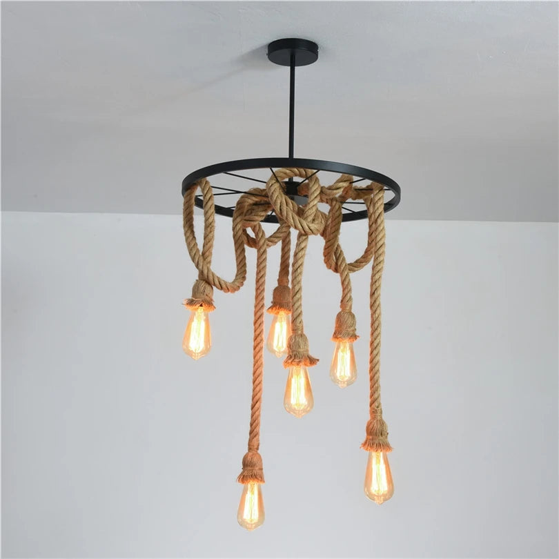 Vintage black iron pendant light with hemp rope