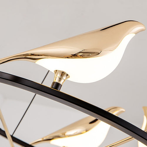 Luxury LED designer chandelier with golden magpie birds - vue 6 sur 9