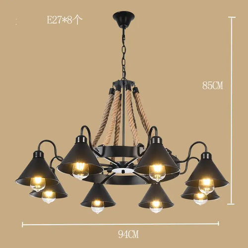 Industrial style ironwork and hemp rope chandelier - vue 8 sur 14