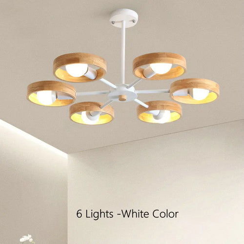 Nordic wooden chandelier lamp for living room, bedroom and dining room, round wood lampshade, black E27 pendant light - vue 9 sur 12