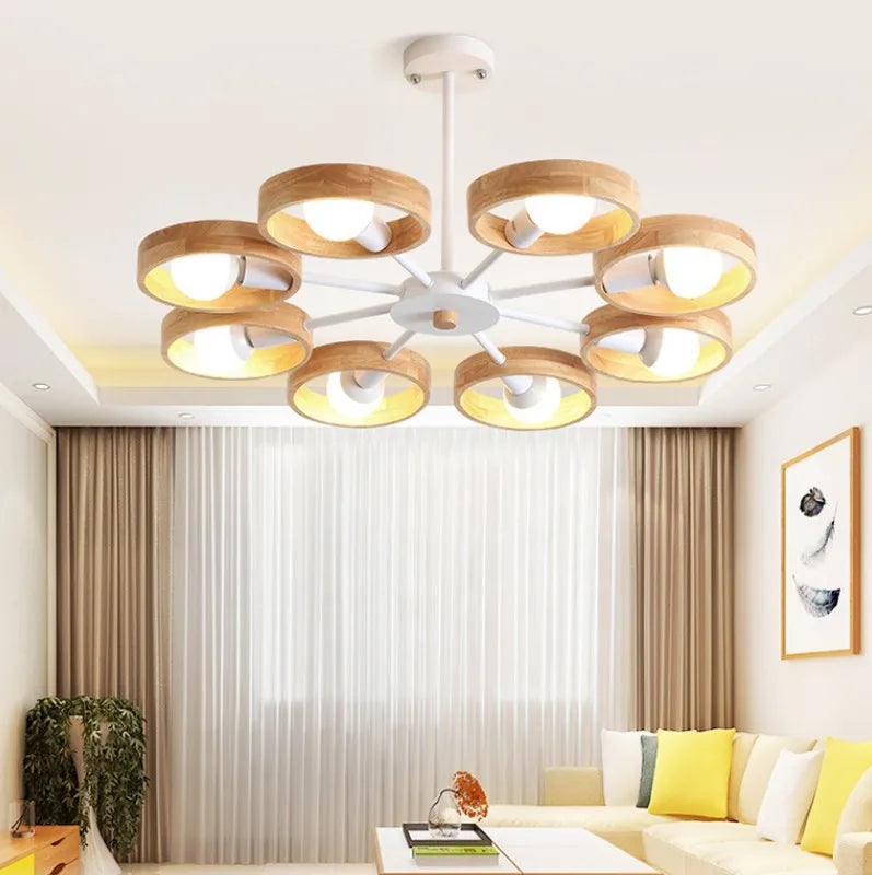 Nordic wooden chandelier lamp for living room, bedroom and dining room, round wood lampshade, black E27 pendant light - vue 2 sur 12