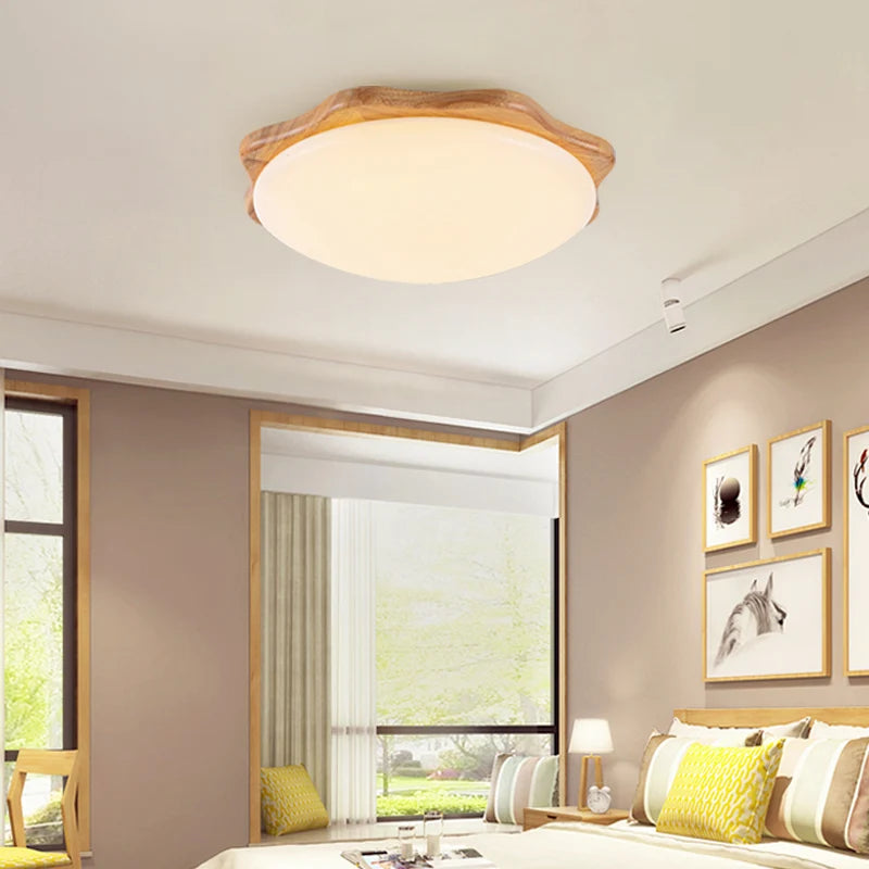 Solid wood LED ceiling light with dimmable brightness for interiors