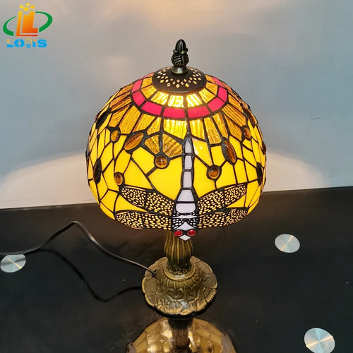 Antique enamelled tiffany table lamp for children with metal base - vue 4 sur 6