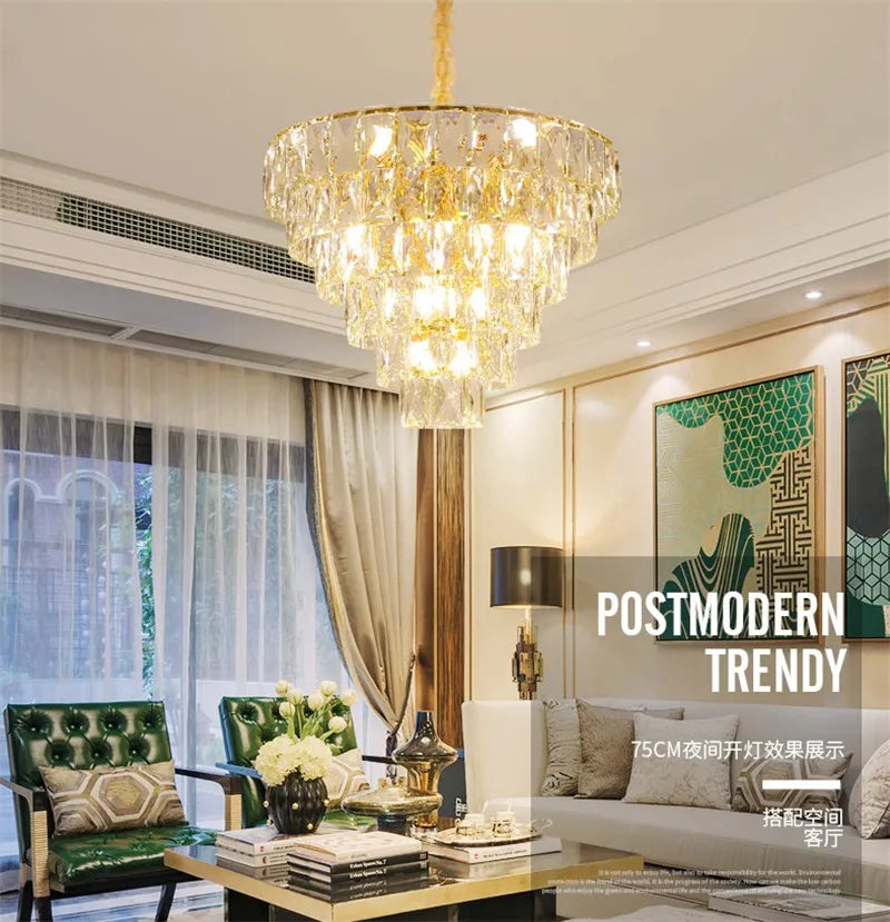 Round gold steel chandelier with crystal and interior LED lighting - vue 4 sur 9
