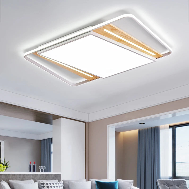 Modern nordic square LED ceiling light in wood and iron, minimalist