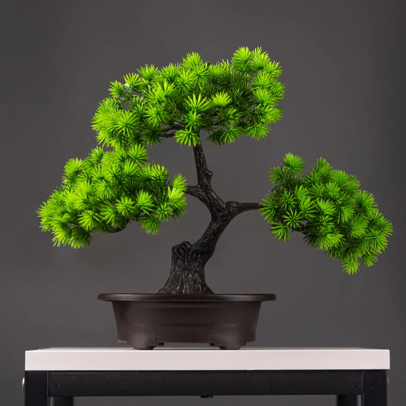 Decorative artificial pine bonsai plants in plastic for indoor use