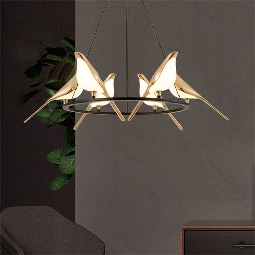 Luxury LED designer chandelier with golden magpie birds - vue 2 sur 9
