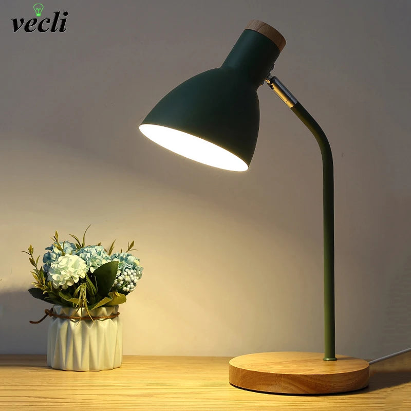 Nordic wooden and iron LED table lamp with eye protection