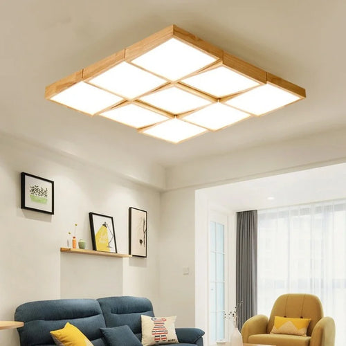 Wooden LED ceiling light with remote control for indoor lighting - vue 4 sur 10