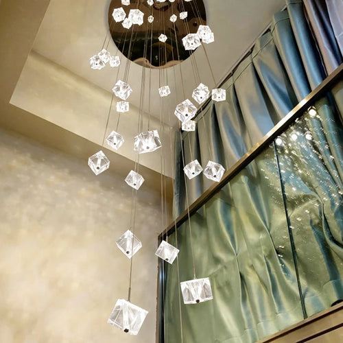 Modern square crystal chandelier for staircase and restaurant - vue 5 sur 14