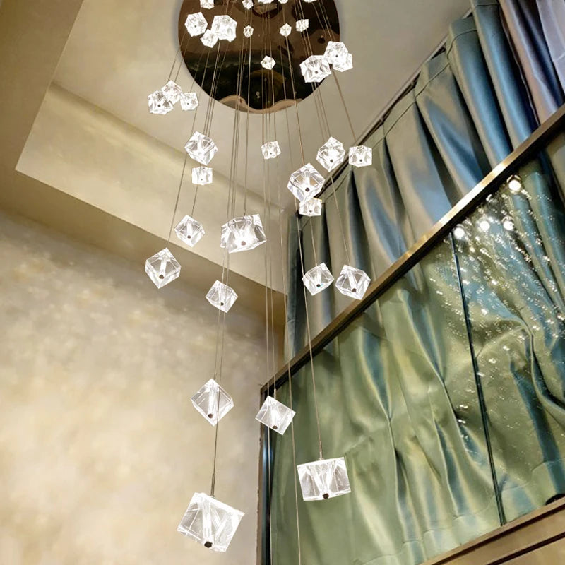 Modern square crystal chandelier for staircase and restaurant - vue 4 sur 14