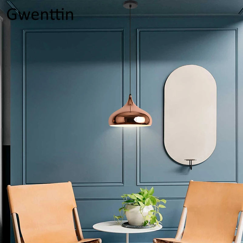 modern iron and copper pendant light with LED mirror