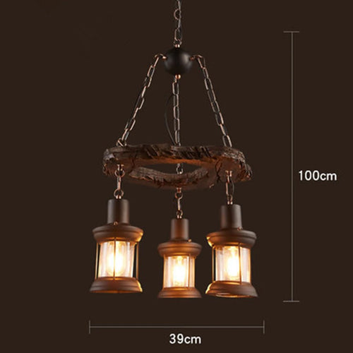 lustre vintage loft en bois avec suspension LED - vue 19 sur 28
