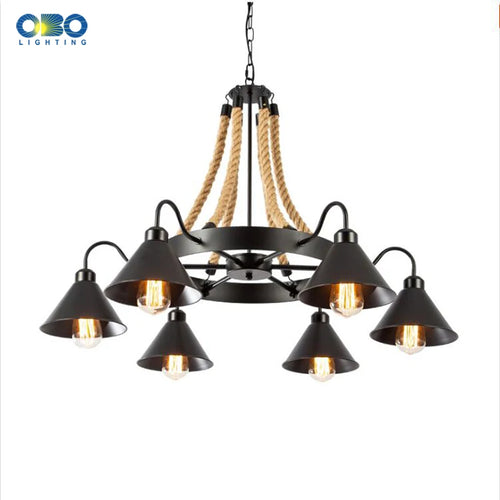 Vintage hemp rope chandelier with iron lampshade for bars and cafés - vue 5 sur 28