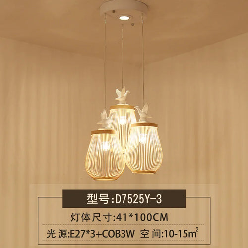 Modern wood and bamboo pendant light with decorative bird design