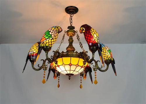 Tiffany stained glass chandelier with parrot bird design for elegant interiors - vue 14 sur 14