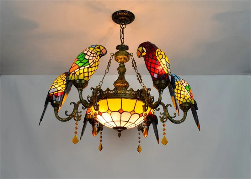 Tiffany stained glass chandelier with parrot bird design for elegant interiors - vue 14 sur 14