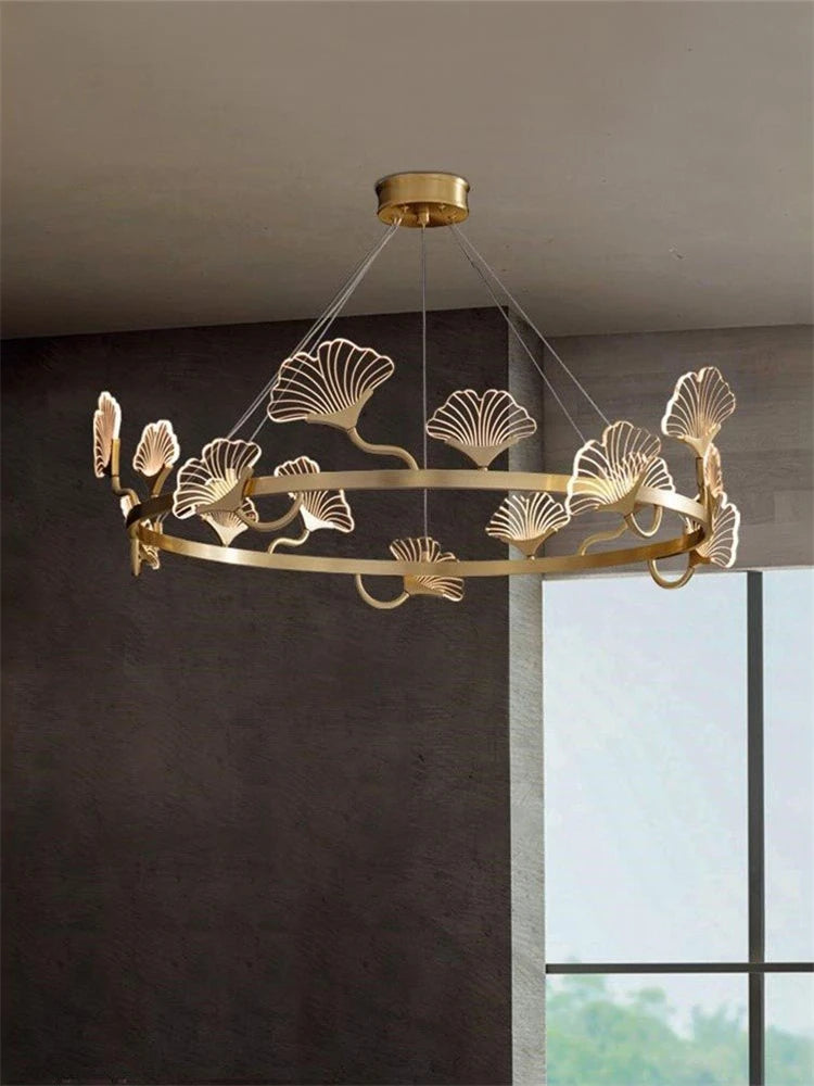 Simple copper chandelier with LED leaf design in Chinese style