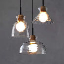 Retro nordic water grain glass and wood LED pendant light