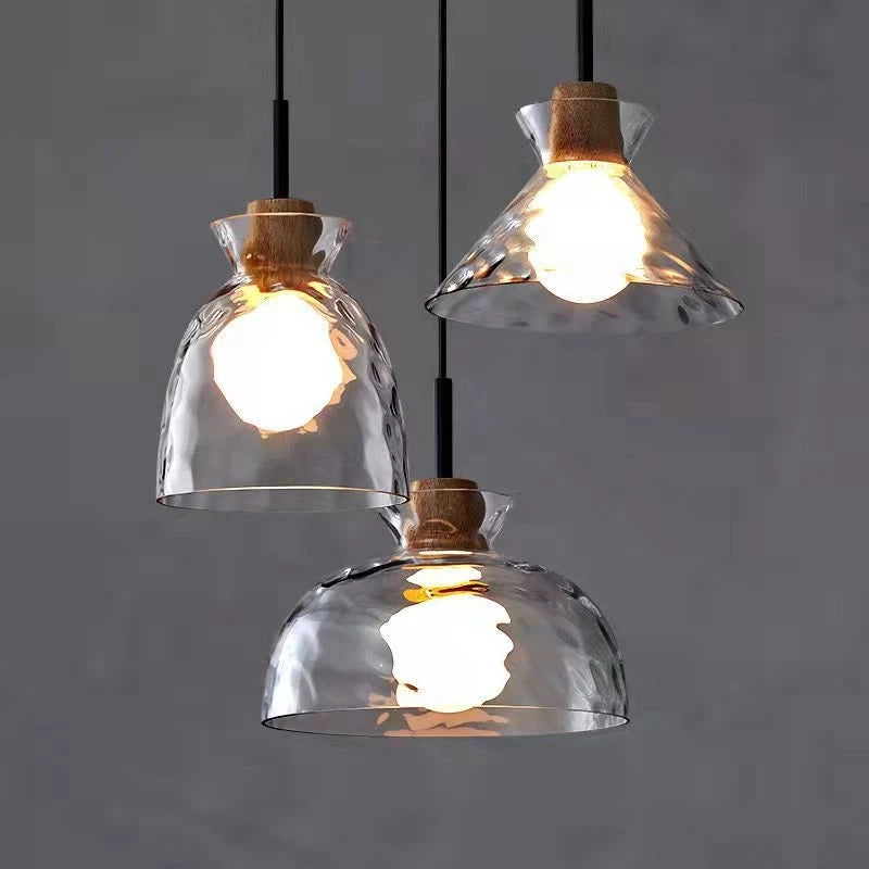 Retro nordic water grain glass and wood LED pendant light