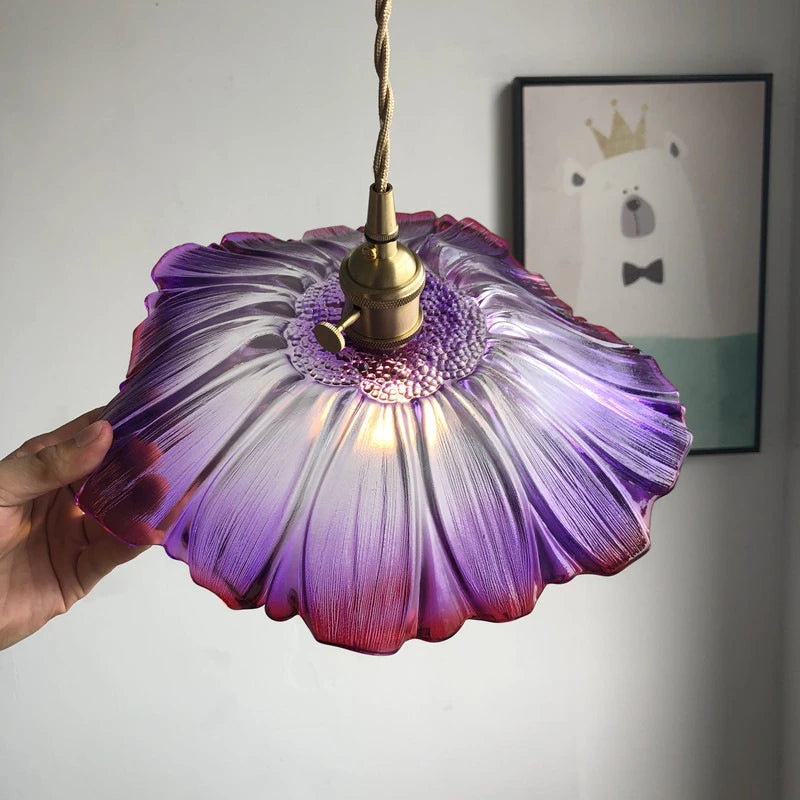 Modern glass and brass flower LED pendant light