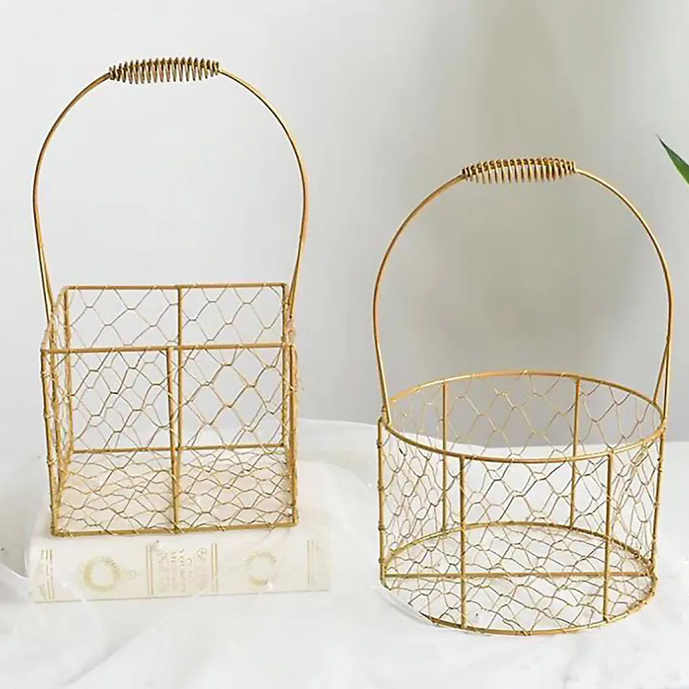 Handmade golden metal flower basket with handles