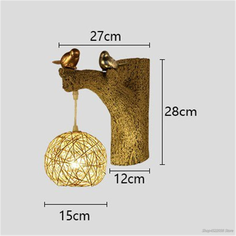 Chinese style wall light with resin birds and rattan shade - vue 6 sur 8