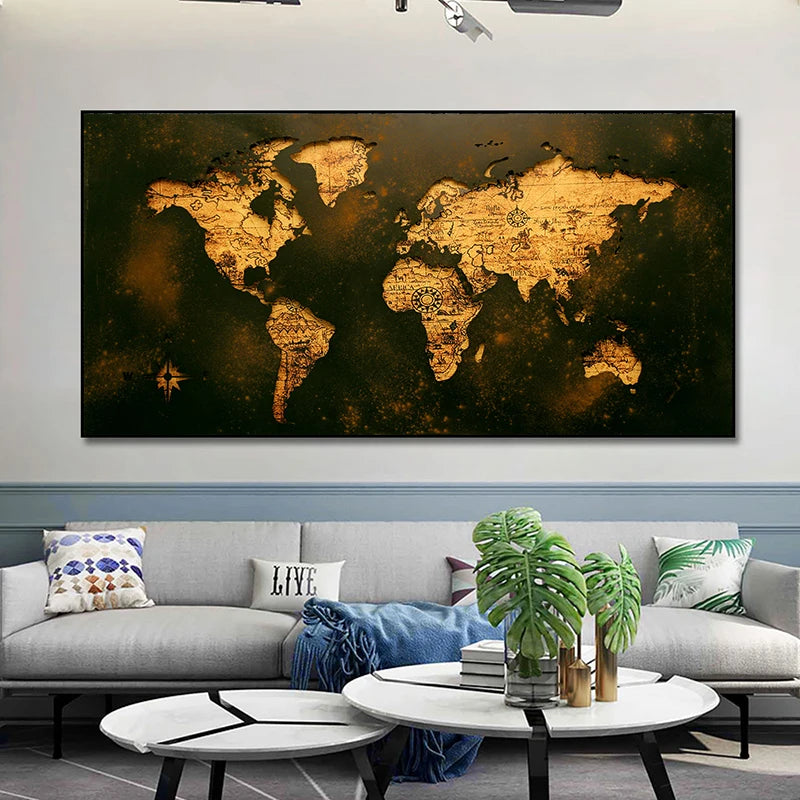 vintage world map canvas painting decorative wall art
