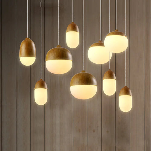 Modern round LED chandelier in wood and wrought iron - vue 4 sur 10
