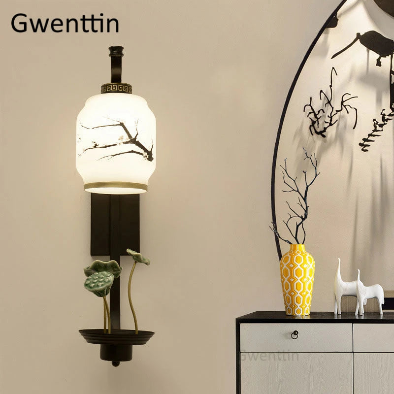 Vintage glass fabric wall light in Chinese style