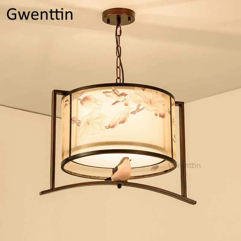 Chinese style fabric pendant light with vintage birds for interior decor