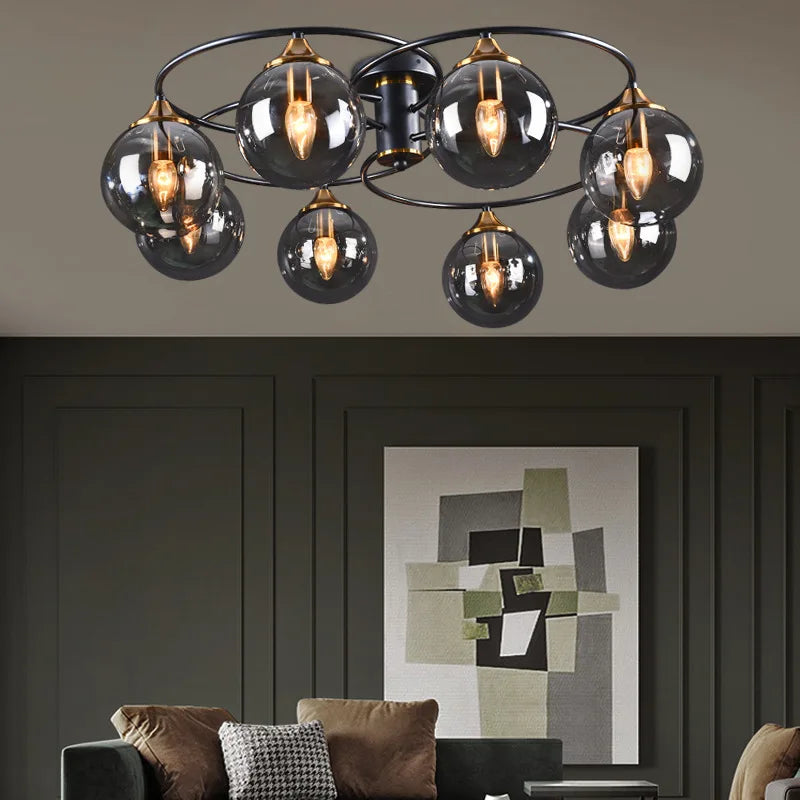 Industrial amber glass chandelier nordic design metal for foyer and restaurant