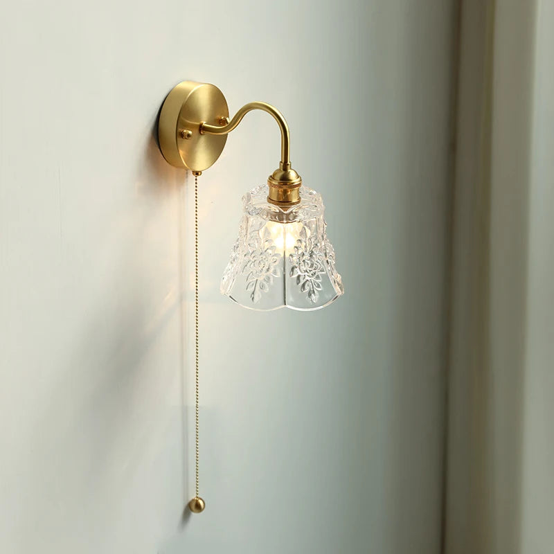Modern glass LED wall light with pull chain switch for bathroom and bedroom, nordic copper - vue 4 sur 23